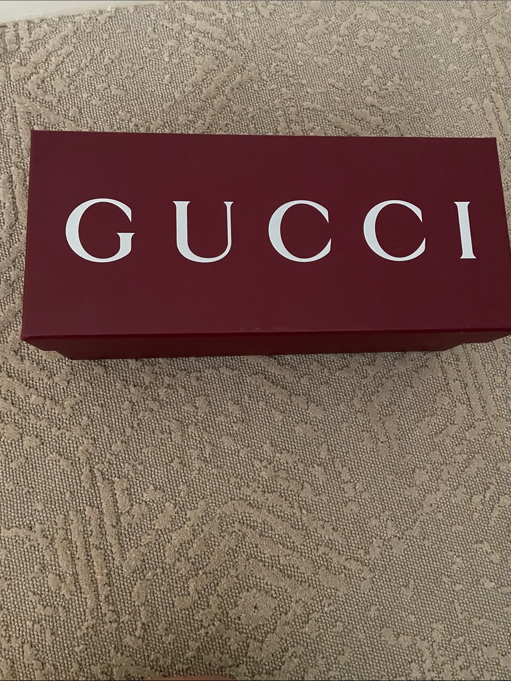 Gucci shoe Box - Deep Red with White Logo 12.5” x 5.5” x 4.25”. With Dust bag